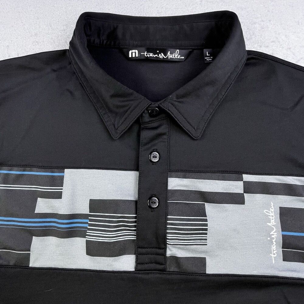 Travis Mathew Polo Shirt Men L Black Gray Geometric Golf Stretch Performance